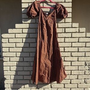 Faithfull the Brand Charlize Midi Dress with Back Ties in Brown Polkadot - XS